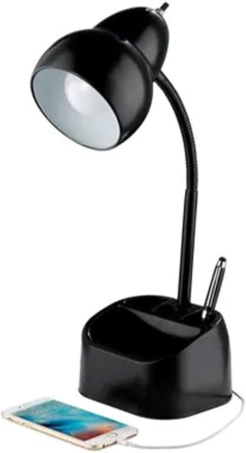 Globe Electric 6.3 x 6.69 x 10.63 Inches Goose Neck Desk Lamp with 10 Watt A-19 Non Dimmable LED Bulb, 2.1a USB Port and Organizer, Black