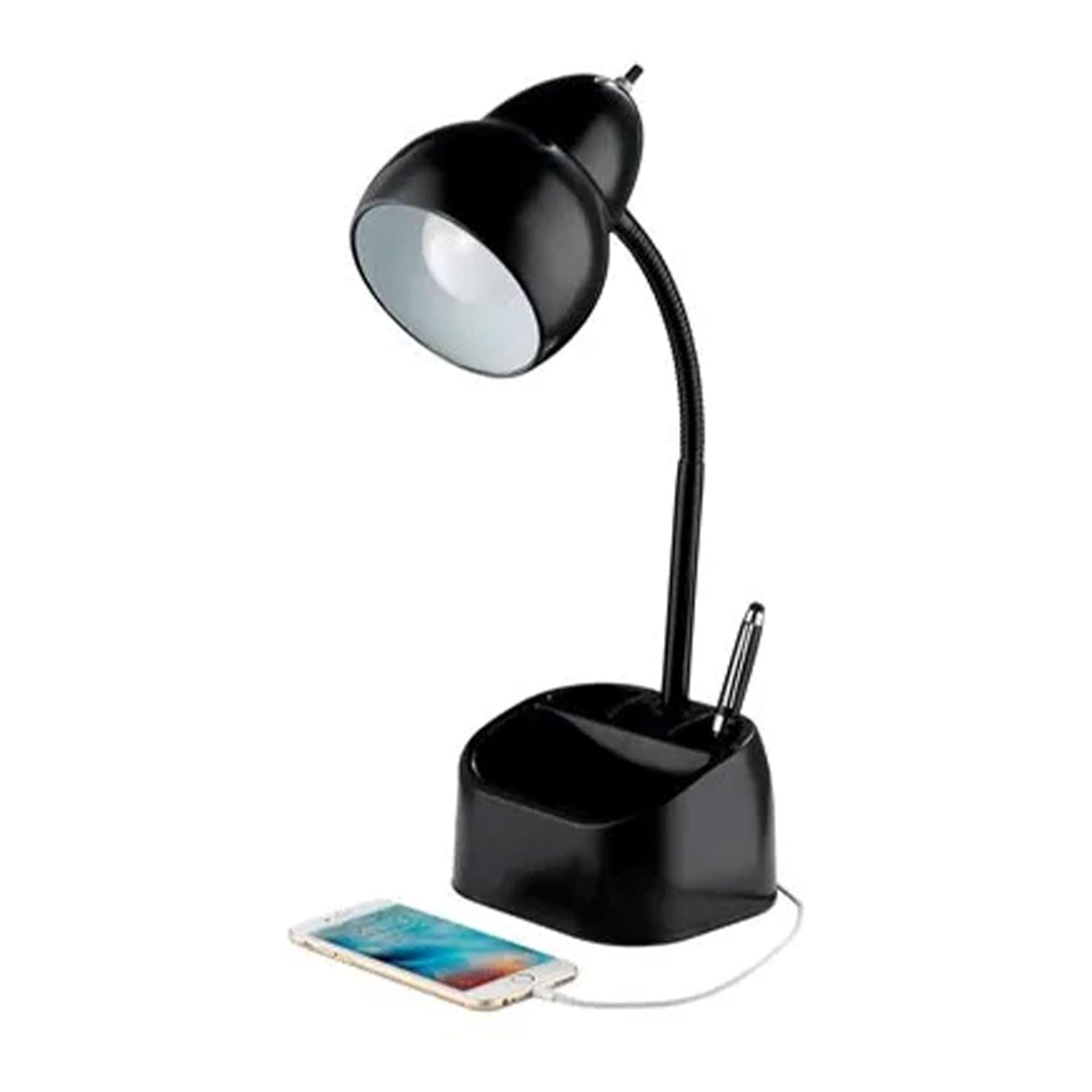 Globe Electric 6.3 x 6.69 x 10.63 Inches Goose Neck Desk Lamp with 10 Watt A-19 Non Dimmable LED Bulb, 2.1a USB Port and Organizer, Black