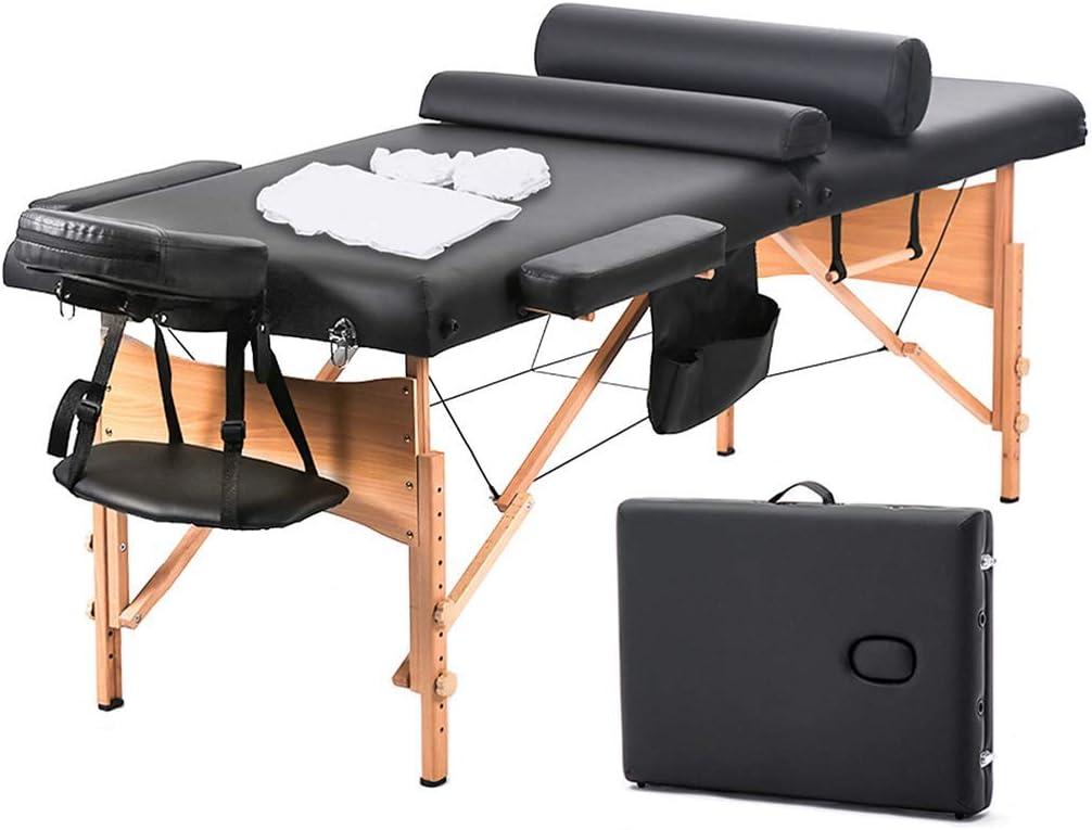 FDW Massage Table 73 Inch Heigh Adjustable 2 Fold Portable Massage Table W/Sheet Cradle Cover 2 Bolster Hanger Facial Salon Tattoo Bed (Black)