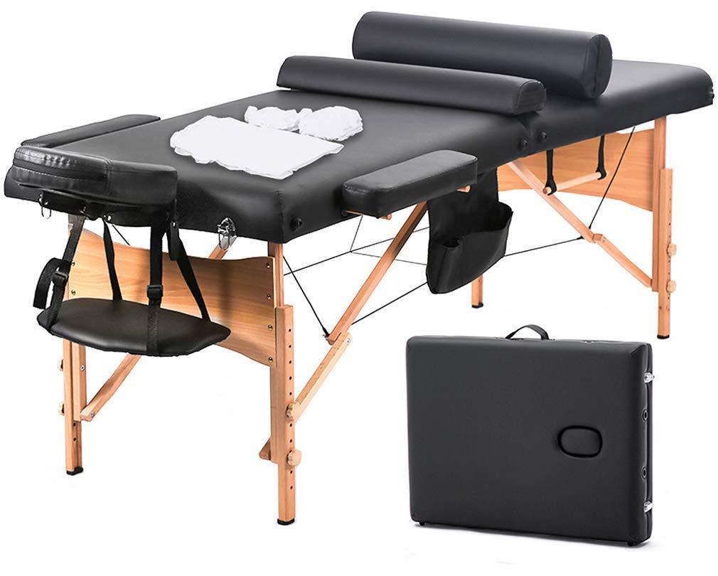 FDW Massage Table 73 Inch Heigh Adjustable 2 Fold Portable Massage Table W/Sheet Cradle Cover 2 Bolster Hanger Facial Salon Tattoo Bed (Black)