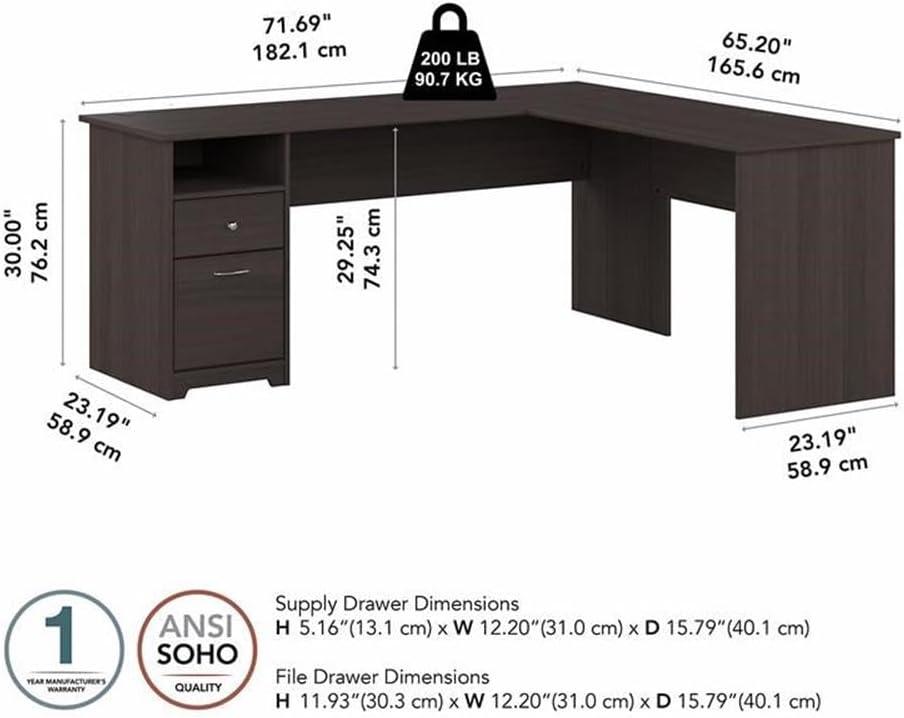 Cabot 72W L Shaped Computer Desk with File in Heather Gray - Engineered Wood