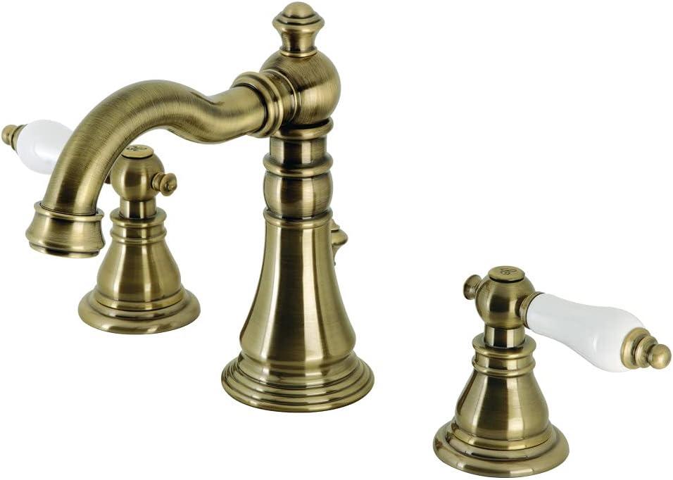 Kingston Brass American Patriot Two-Handle 3-Hole Deck Mount Widespread Bathroom Faucet with Brass Pop-Up Drain