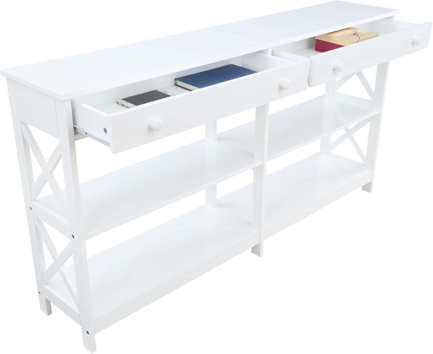 Oxford White 60" Console Table with Storage Shelves and Drawers