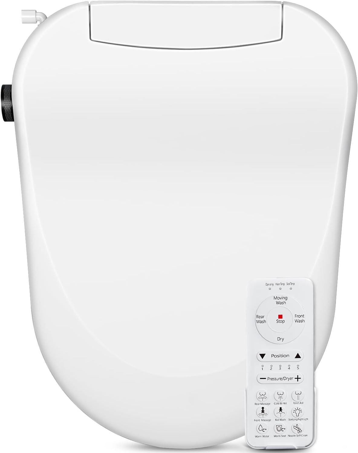 Smart Bidet Toilet Seat with Wireless Remote and Side Panel, Multiple Spray Modes, Adjustable Heated Seat, Warm Water Air Dryer,White