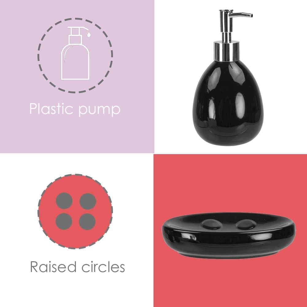 Home Basics 4 Piece Solid Print Ceramic Bath Accessories Sets, Black