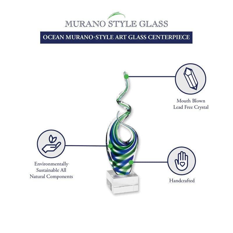 14" Blue and Green Murano Style Art Glass Sculpture on Crystal Pedestal