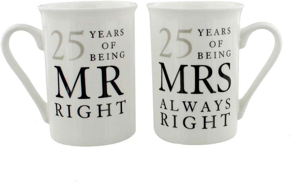 Happy Homewares Ivory White 25th Anniversary Mr Right & Mrs Always Right Ceramic Mug Gift Set
