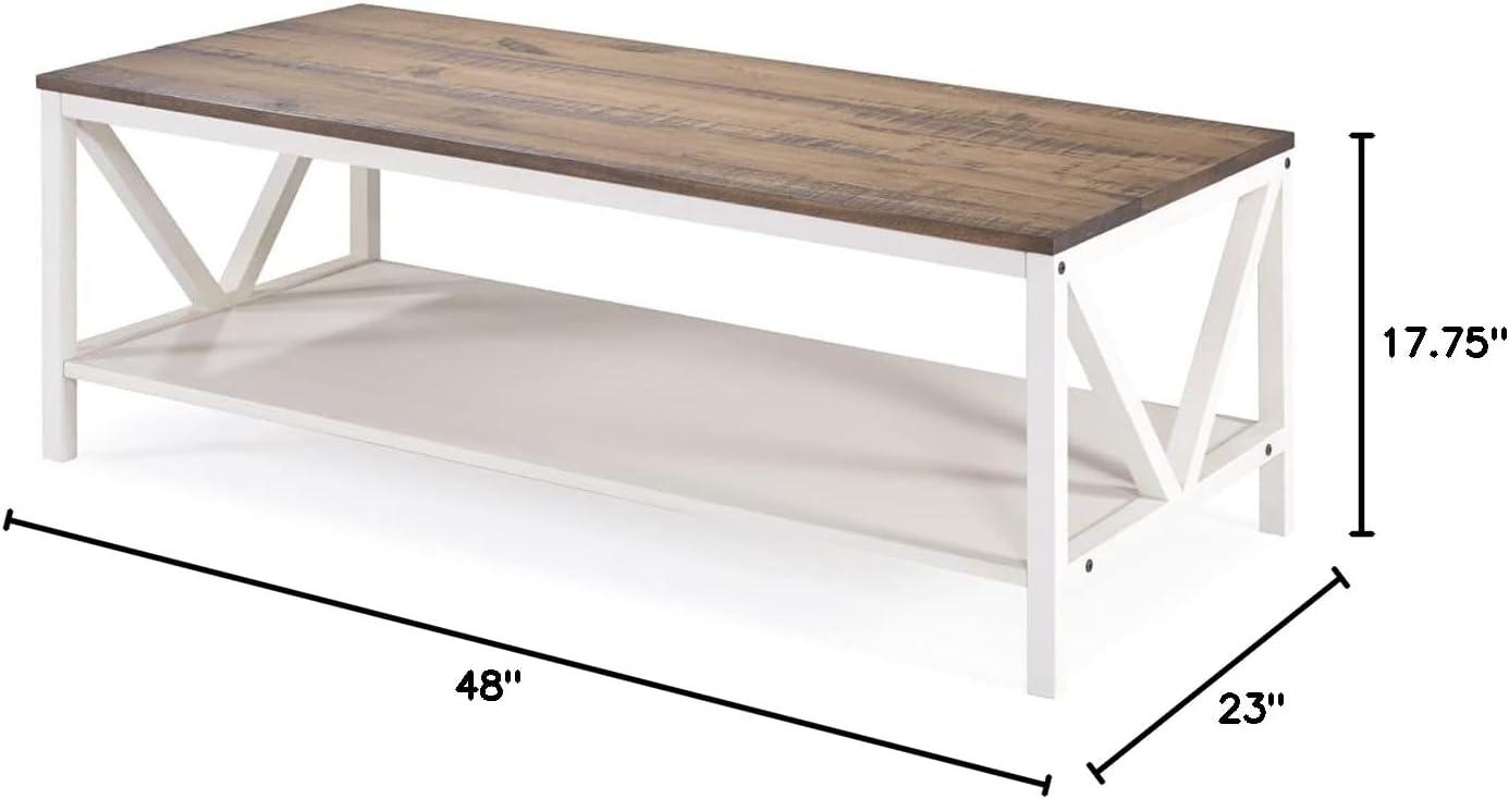 48" Distressed Pine Wood Farmhouse Coffee Table with Shelf