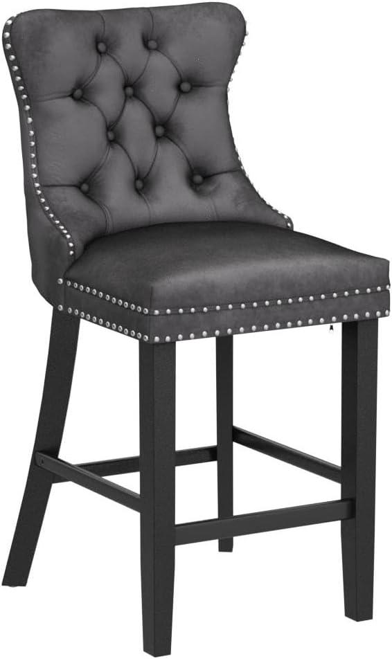 Gray Velvet Upholstered Wingback Barstools with Nailhead Trim