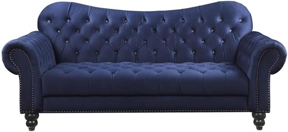 Elegant Blue Velvet Chesterfield Sofa with Tufted Detail and Nailhead Trim