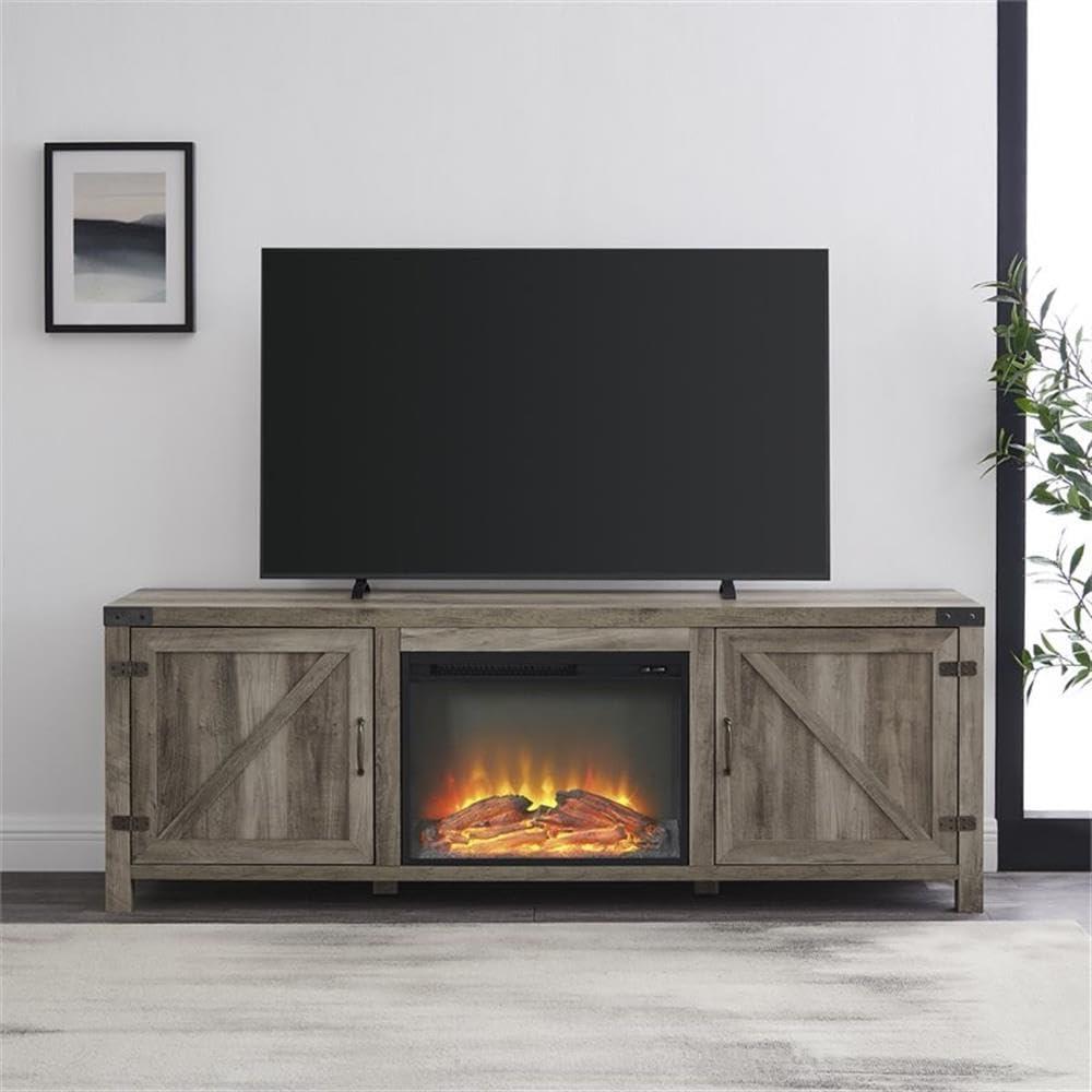 70" Grey Wash Rustic Farmhouse Fireplace TV Stand with Cabinet