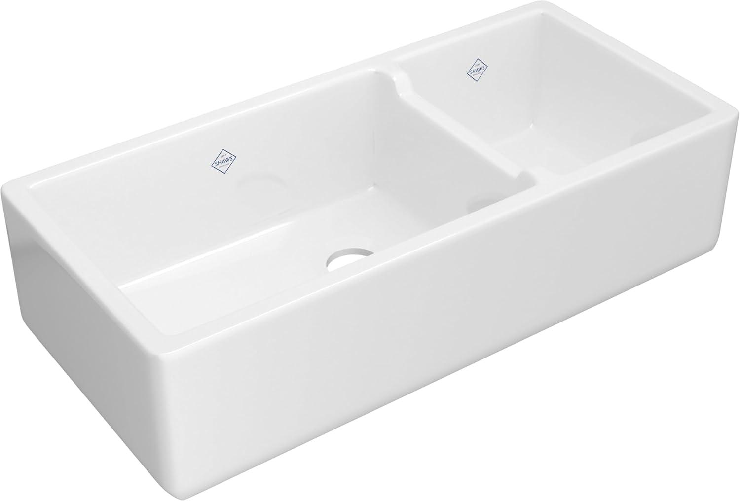 Shaws RC4019WH Lancaster 40" Double Bowl Farmhouse Apron Front Fireclay Kitchen Sink