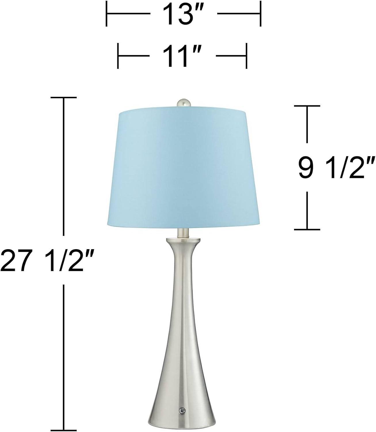 360 Lighting Karl Modern Table Lamps 27 1/2" Tall Set of 2 Brushed Nickel with USB and AC Power Outlet in Base Blue Hardback Drum Shade for Bedroom