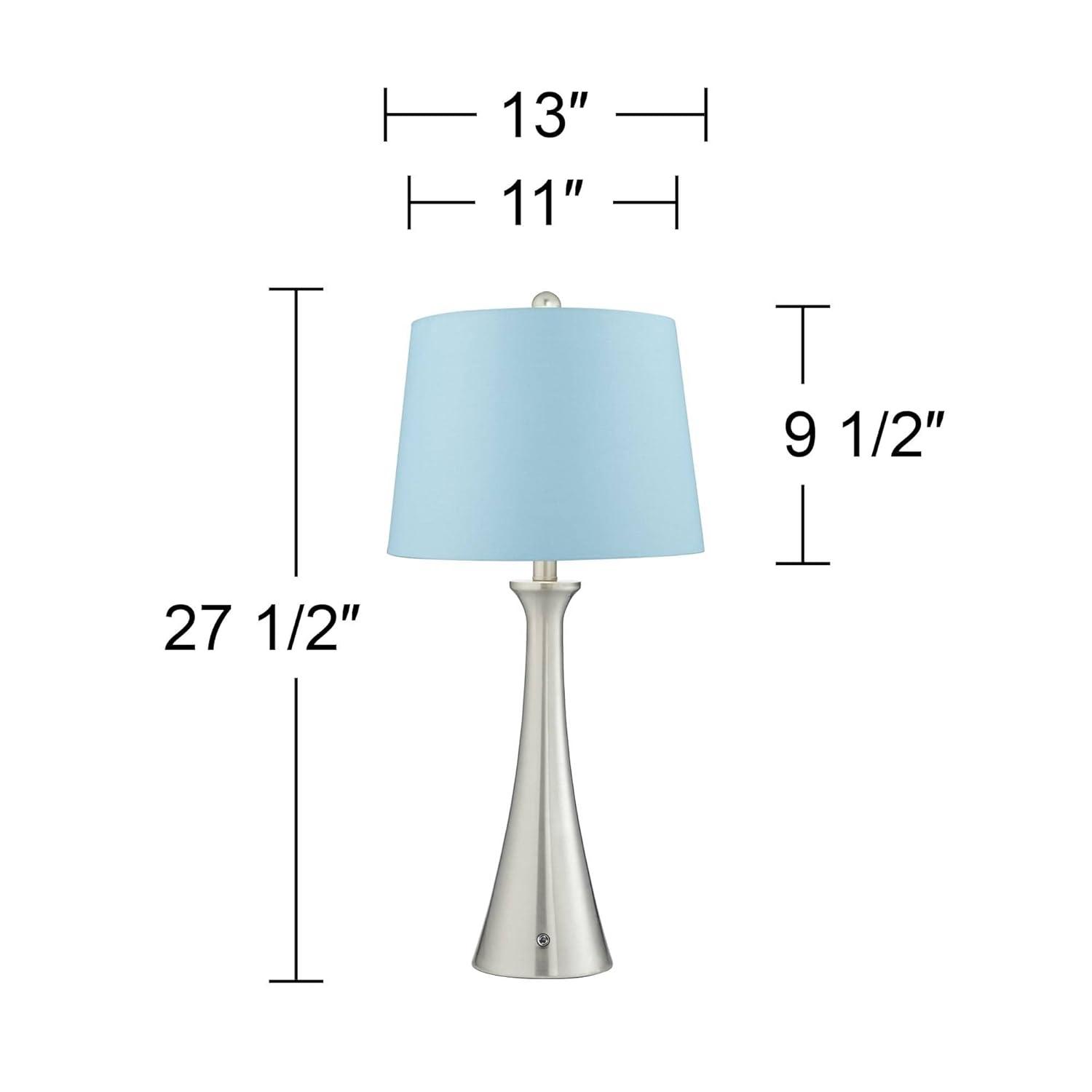 360 Lighting Karl Modern Table Lamps 27 1/2" Tall Set of 2 Brushed Nickel with USB and AC Power Outlet in Base Blue Hardback Drum Shade for Bedroom