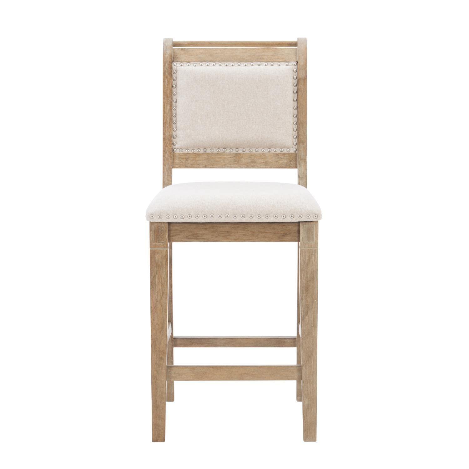 Emmy Padded Back Nailhead Counter Height Barstool Natural - Linon: Upholstered, Footrest, Rustic Wash
