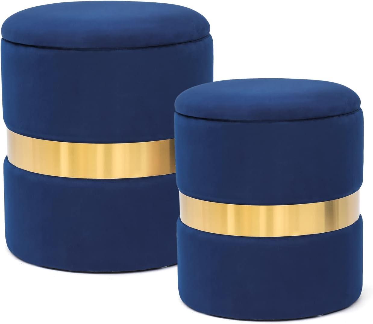 Furnistar Ottoman with Storage Set of 2, Round Velvet Storage Ottoman Upholstered Ottoman Footstool for Living Room, Makeup Vanity Stool for Bedroom, Yellow