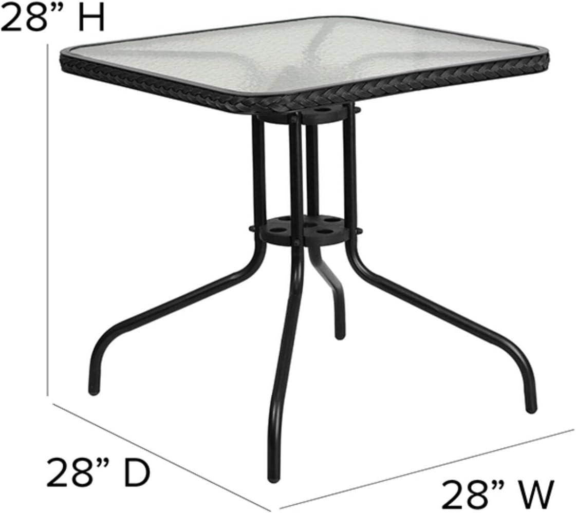 Flash Furniture 28'' Square Tempered Glass Metal Table with Black Rattan Edging