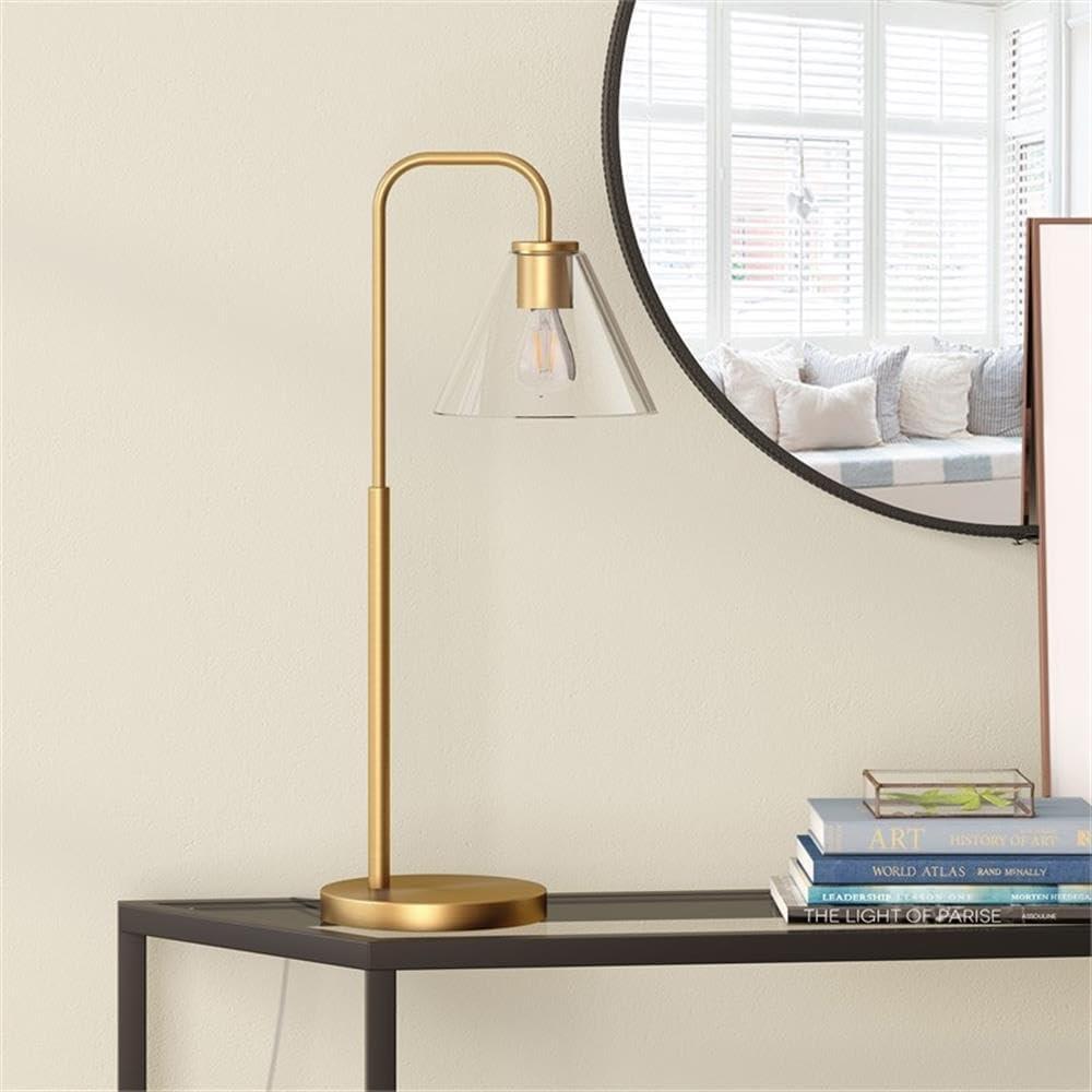 Evelyn&Zoe Henderson Arc Floor Lamp with Glass Shade, Brass/White Milk