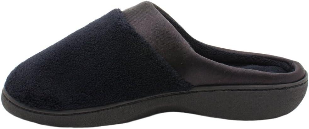 Isotoner Women's Terry and Satin Slip on Cushioned Slipper with Memory Foam for Indoor/Outdoor Comfort Flat Sandals BLK-8/9