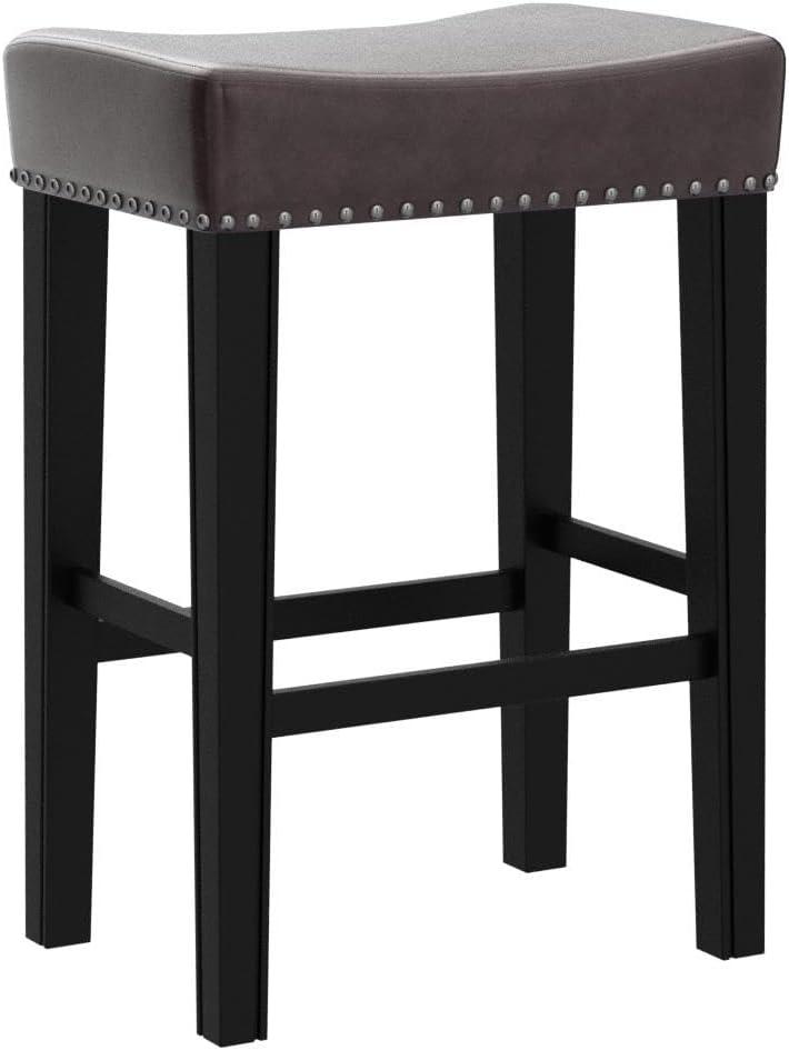 Bar Stools Set of 2, 26" Faux PU Leather Upholstered Counter Height Backless Saddle Stools with Nailhead Trims and Solid Wood Legs Farmhouse Island Chairs for Kitchen Dining Room Pub, Gray