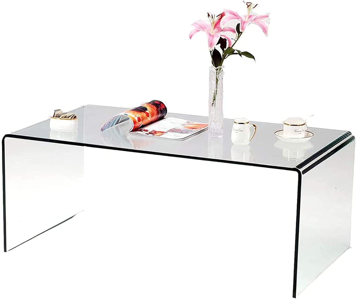 Glass Coffee Table, Modern Clear Tables for Living Room, Small Rectangle Tempered Glass Waterfall Sofa End Coffee Tables 39.4" x 19.7" x 13.78"H