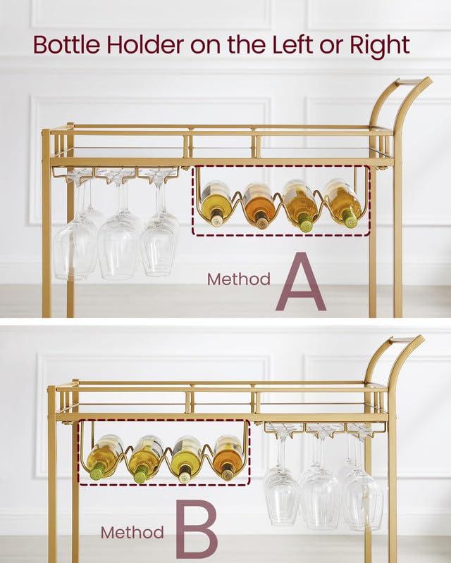 VASAGLE Bar Cart Gold, Home Bar Serving Cart, Wine Cart with 2 Mirrored Shelves, Wine Holders, Glass Holders, for Kitchen, Dining Room, Gold ULRC092A62