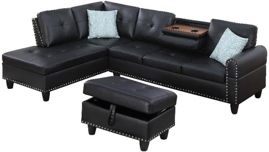 Devion Furniture Faux Leather Sectional Sofa with Ottoman-Black