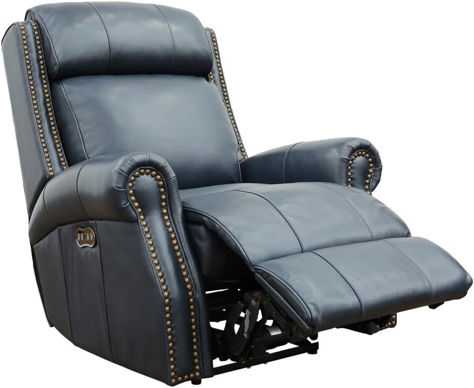 Shoreham Blue Leather Swivel Recliner with Wood Accents