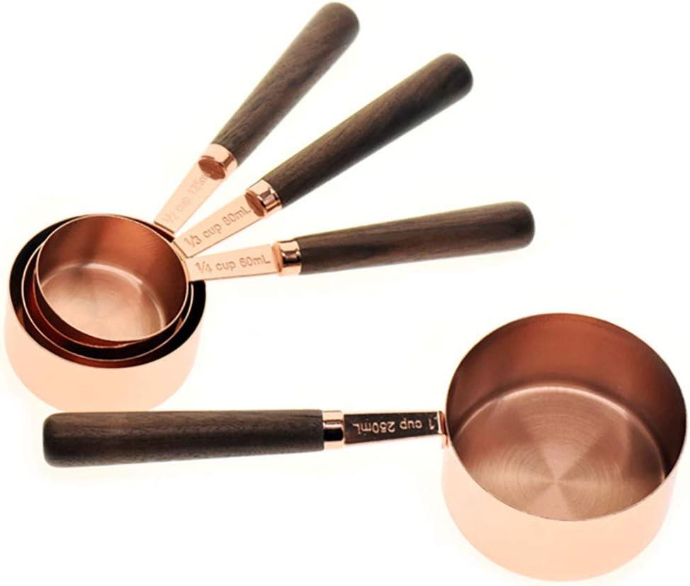 Set of 4 Stainless Steel Measuring Cups, Copper Plated Nesting Measuring Cup Set with Walnut Wood Handle for Dry and Liquid Ingredients (Cups Set: 1/4, 1/3, 1/2, 1 Cup)