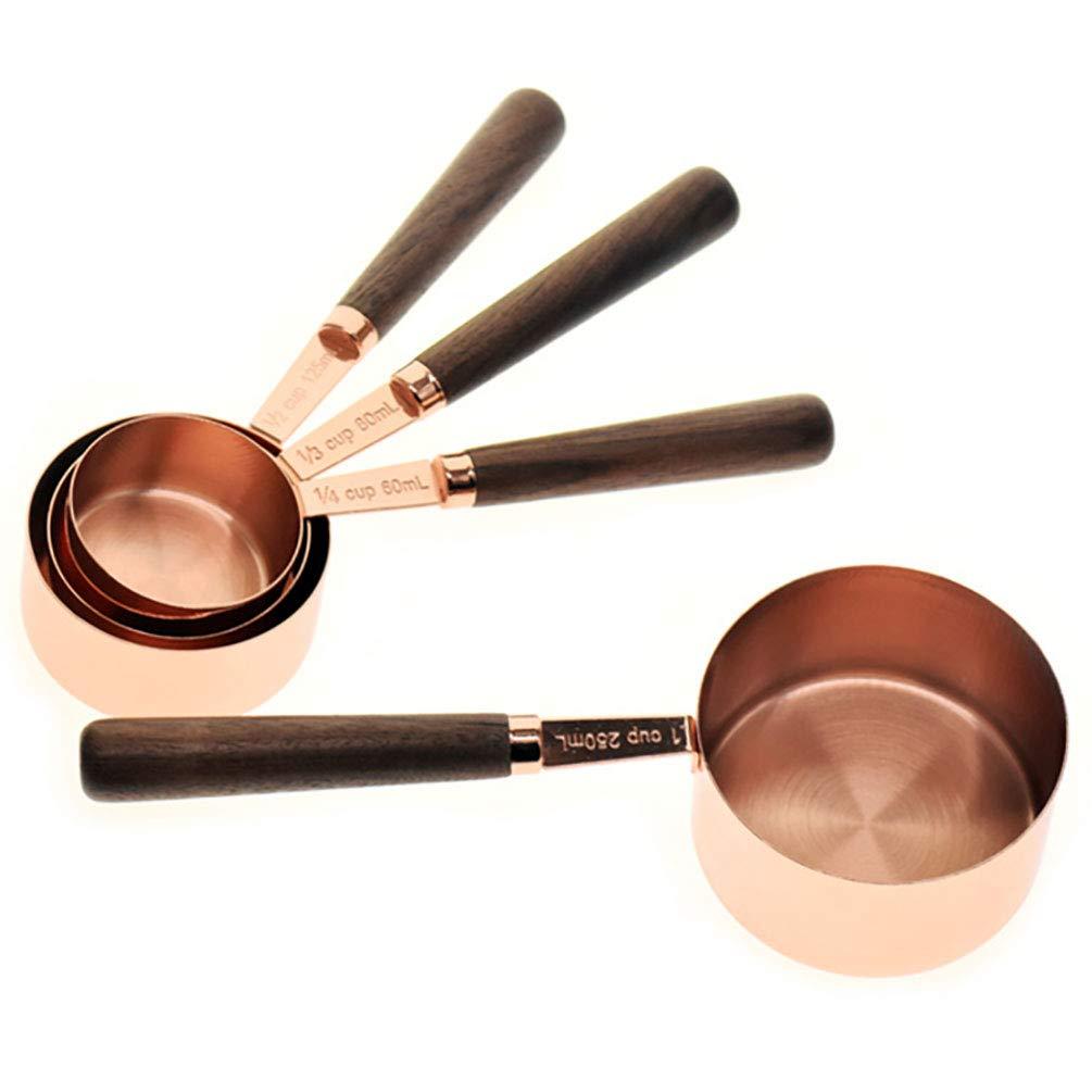 Set of 4 Stainless Steel Measuring Cups, Copper Plated Nesting Measuring Cup Set with Walnut Wood Handle for Dry and Liquid Ingredients (Cups Set: 1/4, 1/3, 1/2, 1 Cup)