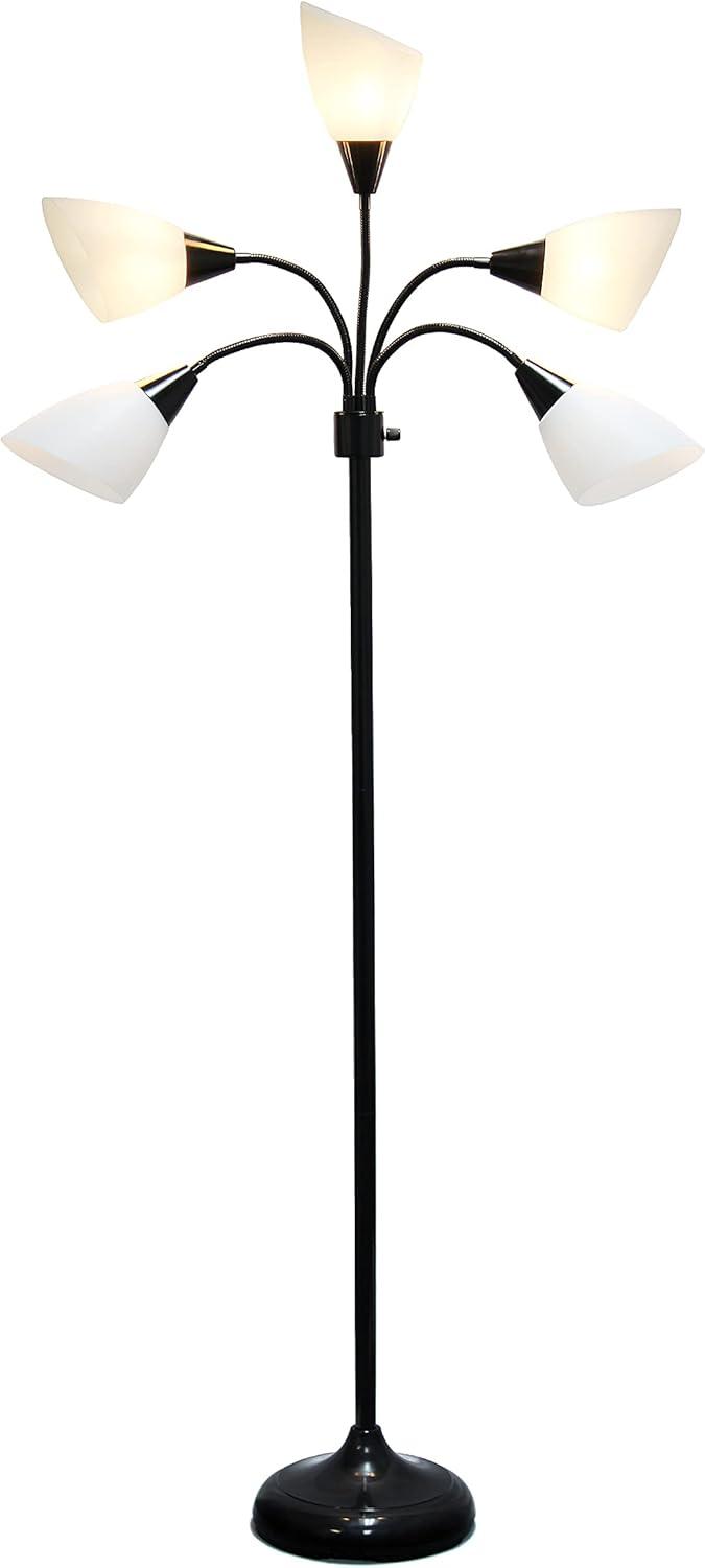 67" Black Adjustable Multi-Head Floor Lamp with White Shades