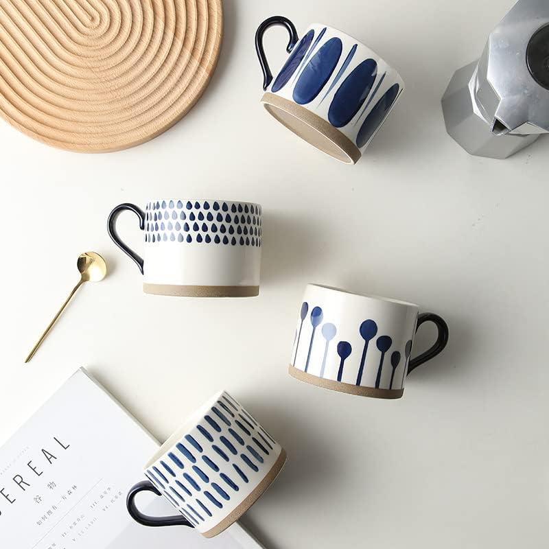 Set of 4 White and Blue Hand Painted Ceramic Coffee Mugs