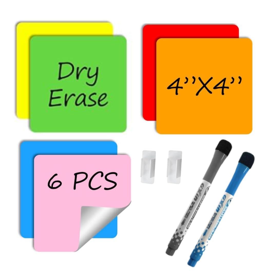 Reusable Dry Erase Sticky Notes with Dry Erase Markers & Clips. Multi-Color 4x4 6-Pack! Eco-Friendly & Washable-Perfect for Lists, Labels & Reminders. Your Sticky Note for Home & Office!