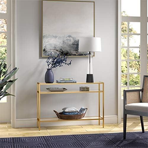 Siviline Brass Finish Steel Frame Console Table with Glass Shelves