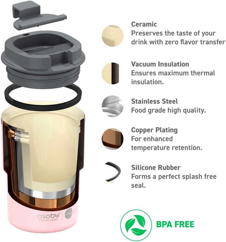 Asobu Ultimate Stainless Steel Ceramic Inner Coating Coffee Mug with Double Walled Copper Lining Insulation, 12 Ounces - (Pink)