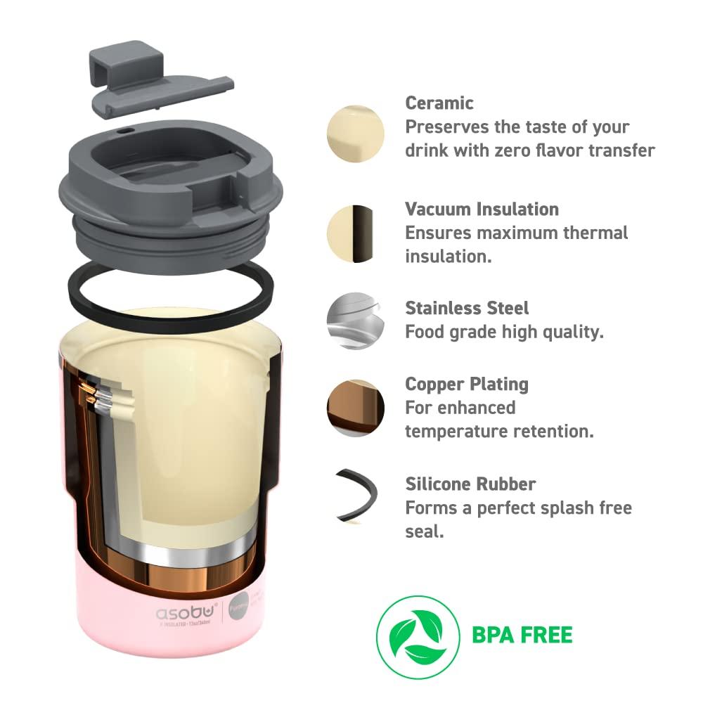 Asobu Ultimate Stainless Steel Ceramic Inner Coating Coffee Mug with Double Walled Copper Lining Insulation, 12 Ounces - (Pink)