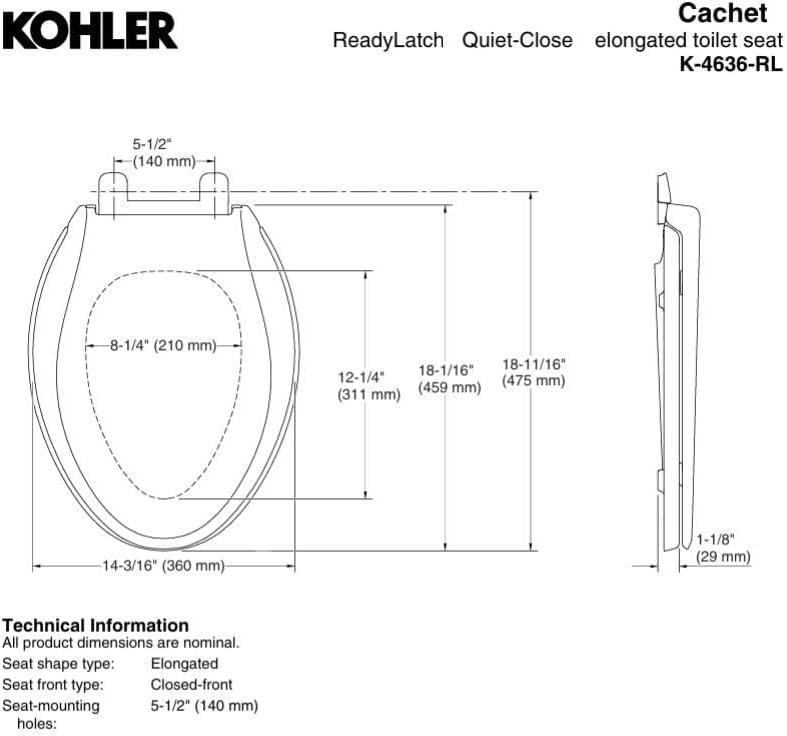 KOHLER 4636-RL-0 Cachet ReadyLatch Elongated Toilet Seat, Quiet-Close Lid and Seat, Countoured Seat, Grip-Tight Bumpers and Installation Hardware, White