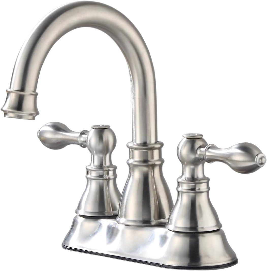 Two Handles Brushed Nickel Bathroom Faucet 3 Hole Sink Faucet with Overflow Pop up Drain, 360° Swivel Spout 4 Inch Centerset Lavatory Faucet Without Water Supply Lines,F-4501-BN