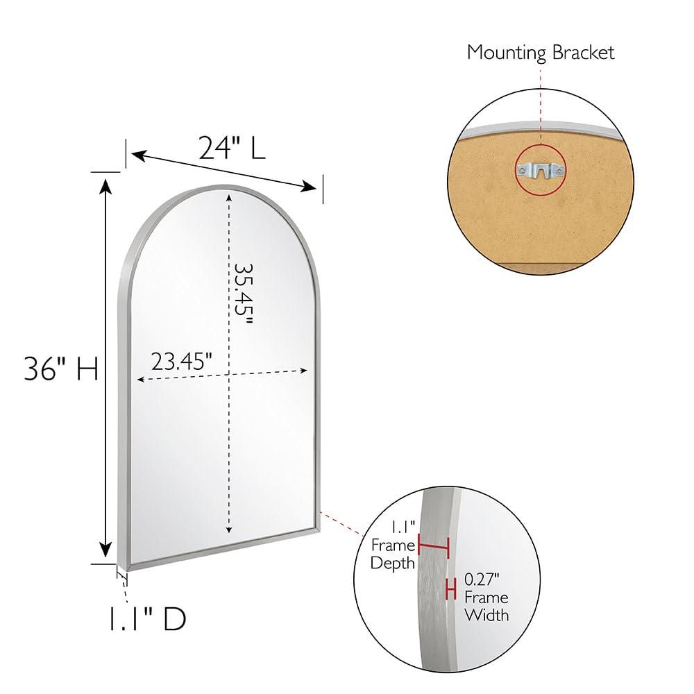 Maeve Arched Wall Accent Mirror – 36-Inch H X 24-Inch L, Modern Metal Framed – Living Room, Bedroom, Bathroom Vanity Mirror – Silver – Design House, 596726-SLV