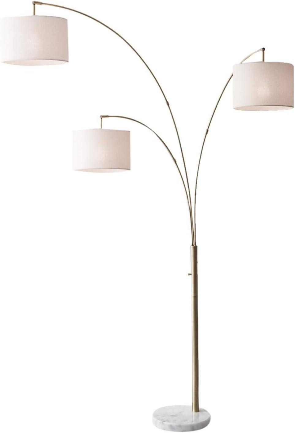 Elegant Antique Brass 3-Arm Adjustable Arc Floor Lamp with Off-White Linen Shades