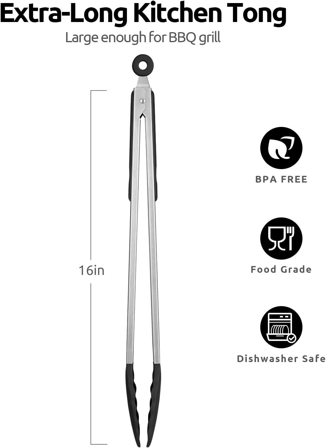 Black 16" Silicone and Stainless Steel Heat Resistant Kitchen Tongs