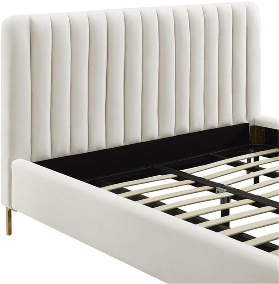 Maklaine 41.7"H Transitional Velvet Upholstered Queen Bed in Cream