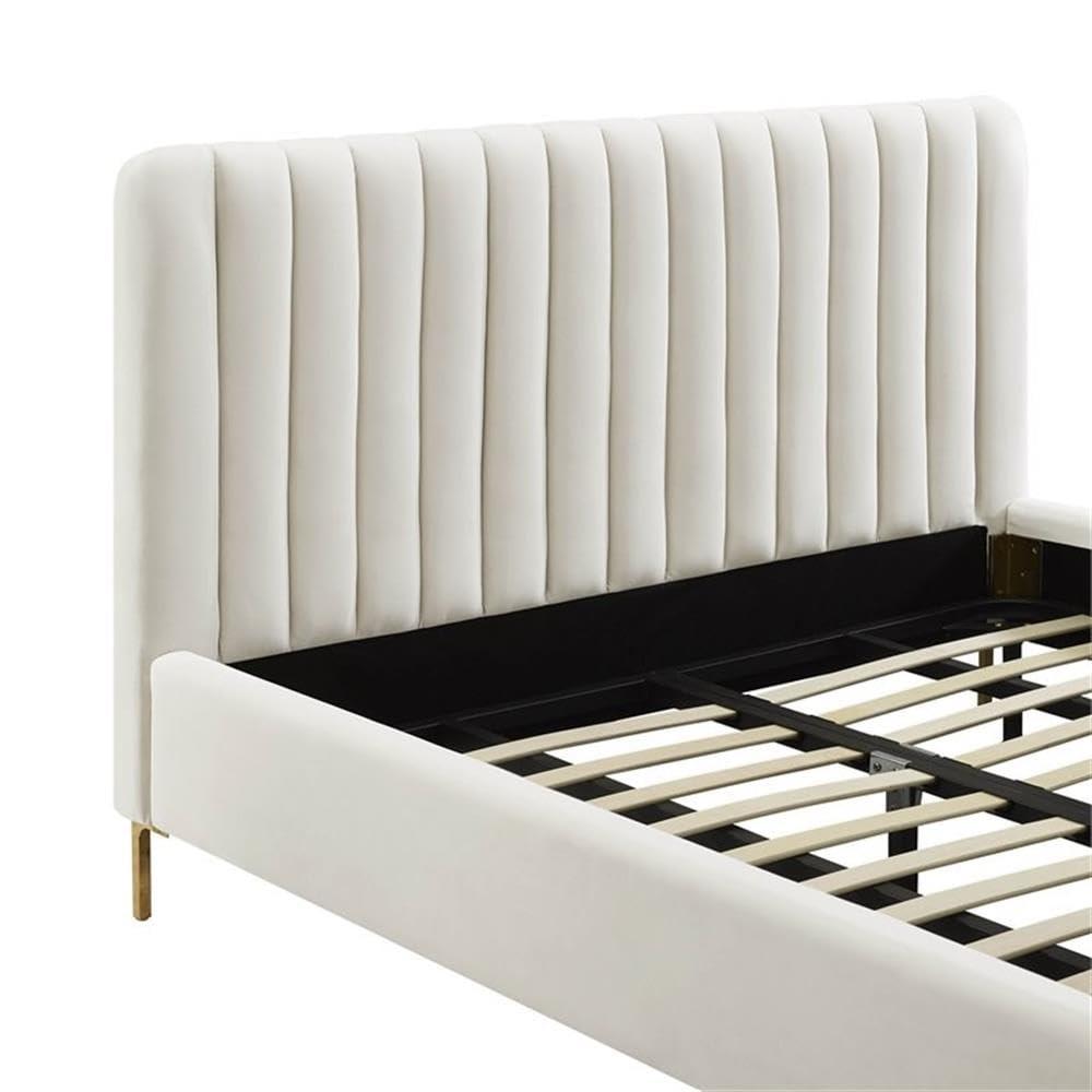 Maklaine 41.7"H Transitional Velvet Upholstered Queen Bed in Cream