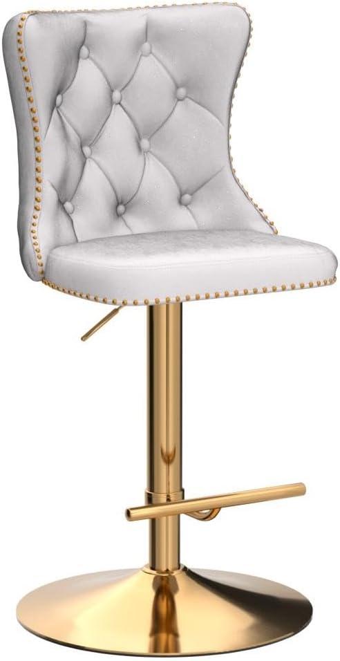 Bar Stools Set of 2, Swivel Barstools with Nailheads Trim, Velvet Button Tufted Back and Golden Footrest, Adjustable Counter Height Bar Stools for Kitchen Counter,Home Bar,Pub, Beige