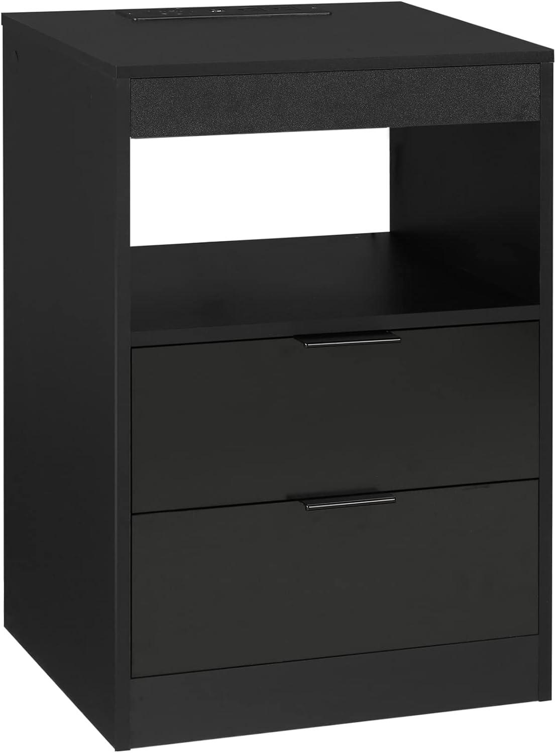 Exlonjet Black Nightstand with Wireless Charging Station and LED Lights, Bedside Table with 2 Drawers, Open Storage, 1 Pull-Out Tray, End Side Table with Charging Station, LED Night Stand with Storage