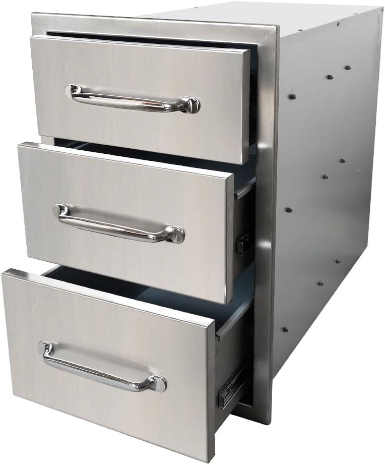 Towallmark 14 x 20.5 Inch Outdoor Kitchen Drawers, Stainless Steel Triple Access BBQ Drawers with Chrome Handle, 14 x20.5 x 23 Inch