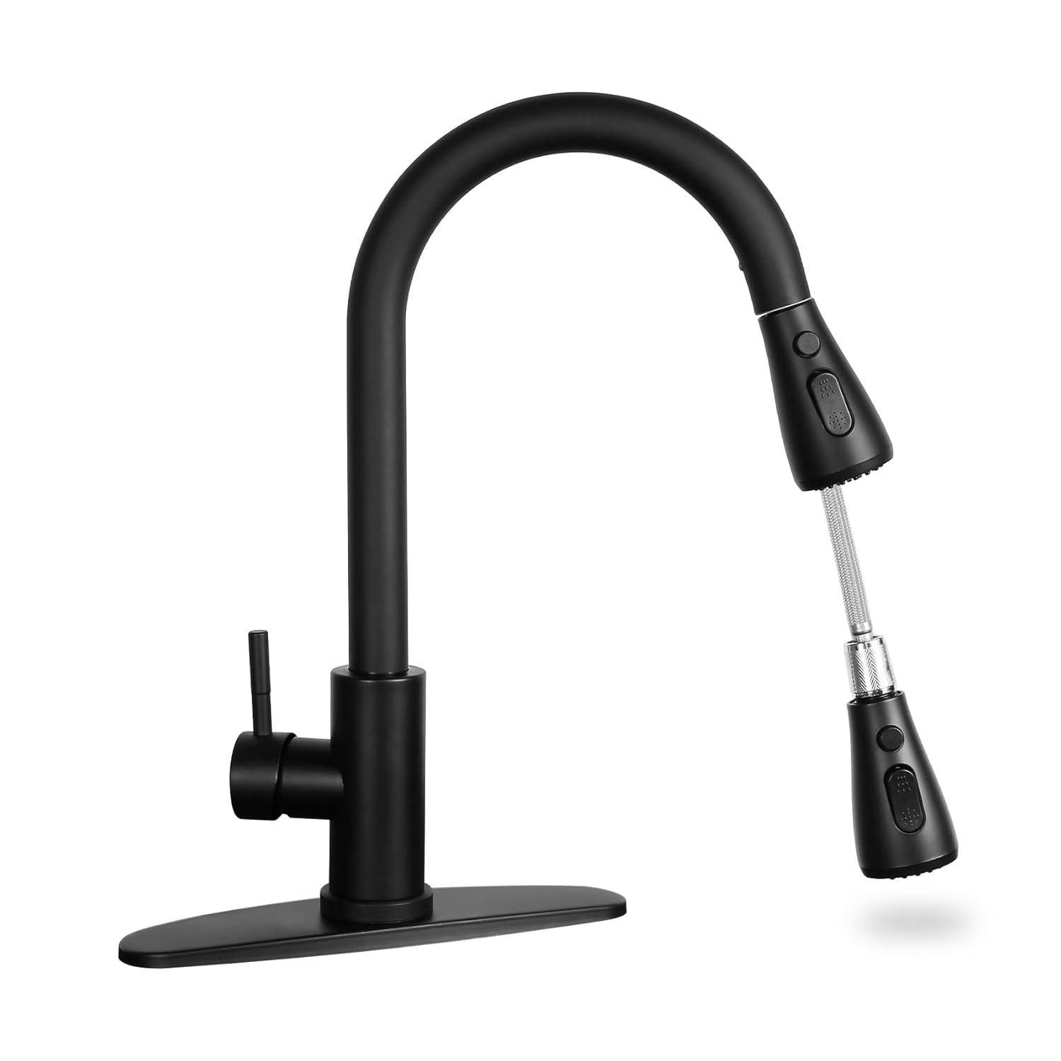 Black Kitchen Sink Faucet, Kitchen Faucet with Pull Down Sprayer, Stainless Steel Single Handle Faucet for Kitchen Sink with Deck Plate, Fitted for RV, Bar, Laundry, Apartments, Farmhouse
