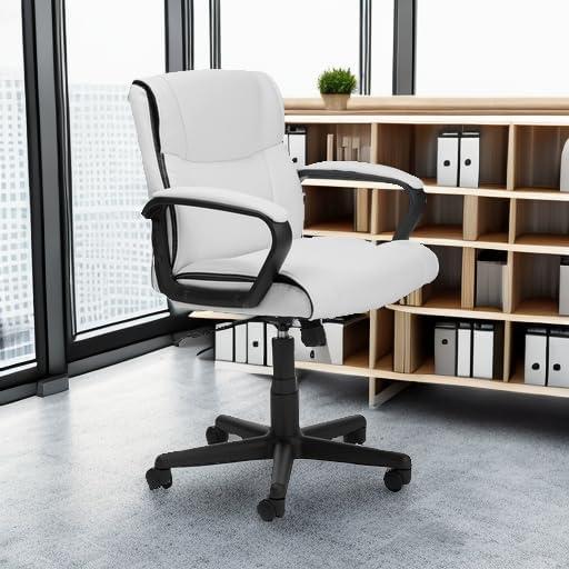 White Faux Leather Mid-Back Office Desk Chair with Padded Armrests