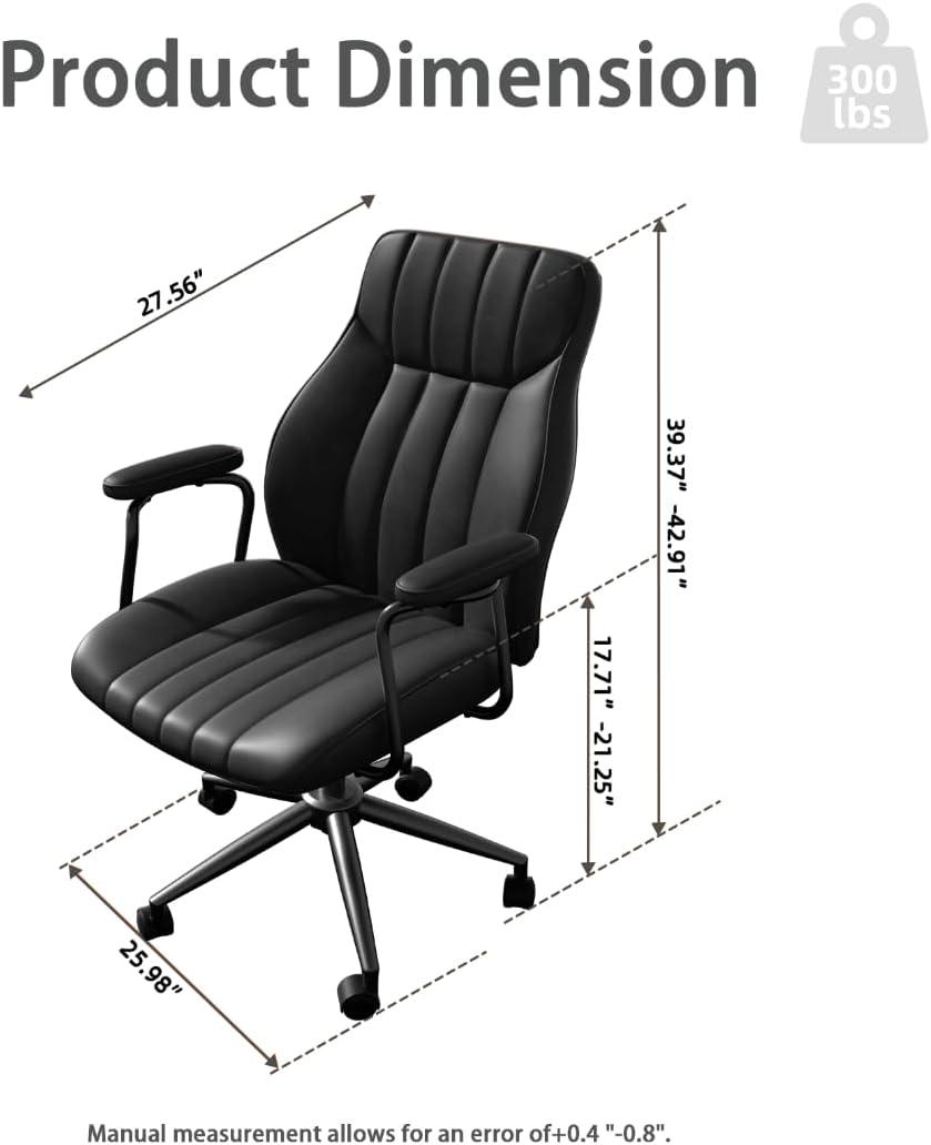 Black Leather Adjustable Mid-Century Modern Task Chair with Wheels