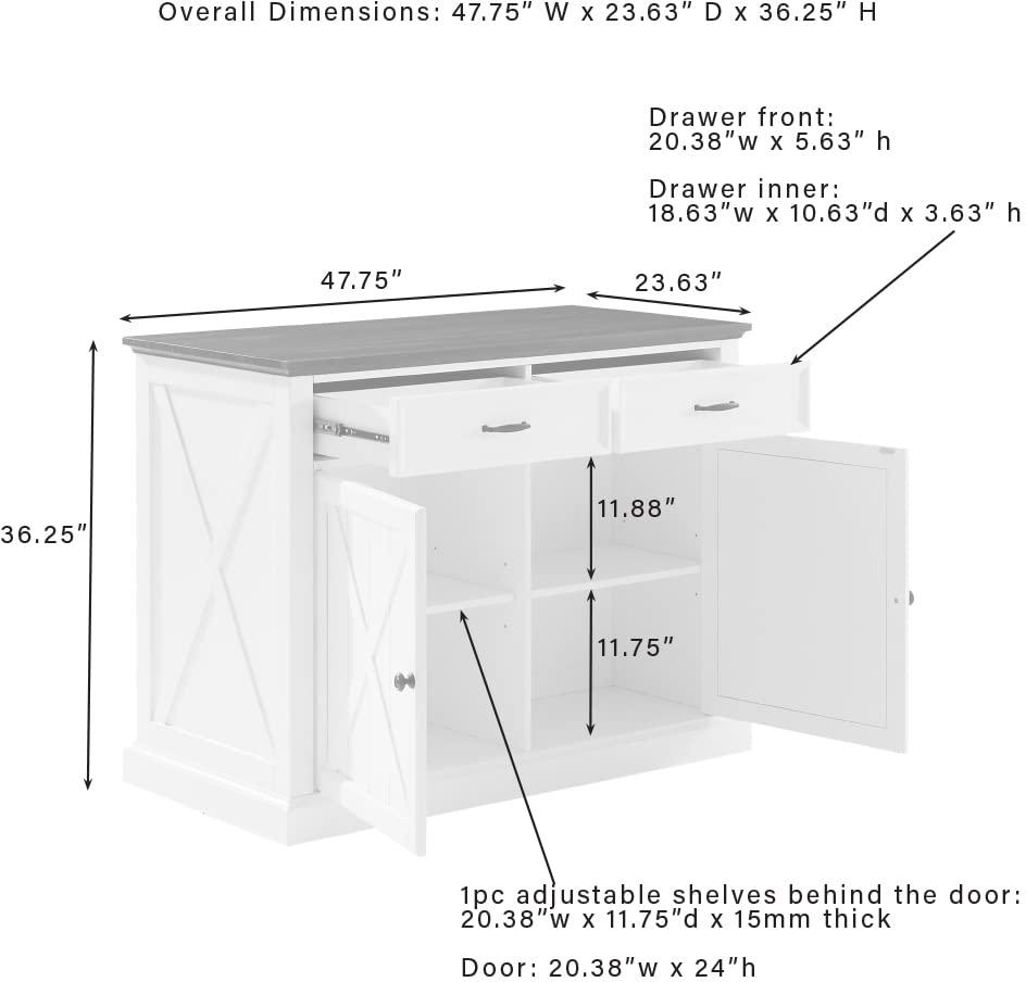 Clifton Kitchen Island Distressed White/Brown - Crosley: Adjustable Shelves, Storage Cart, Farmhouse Design
